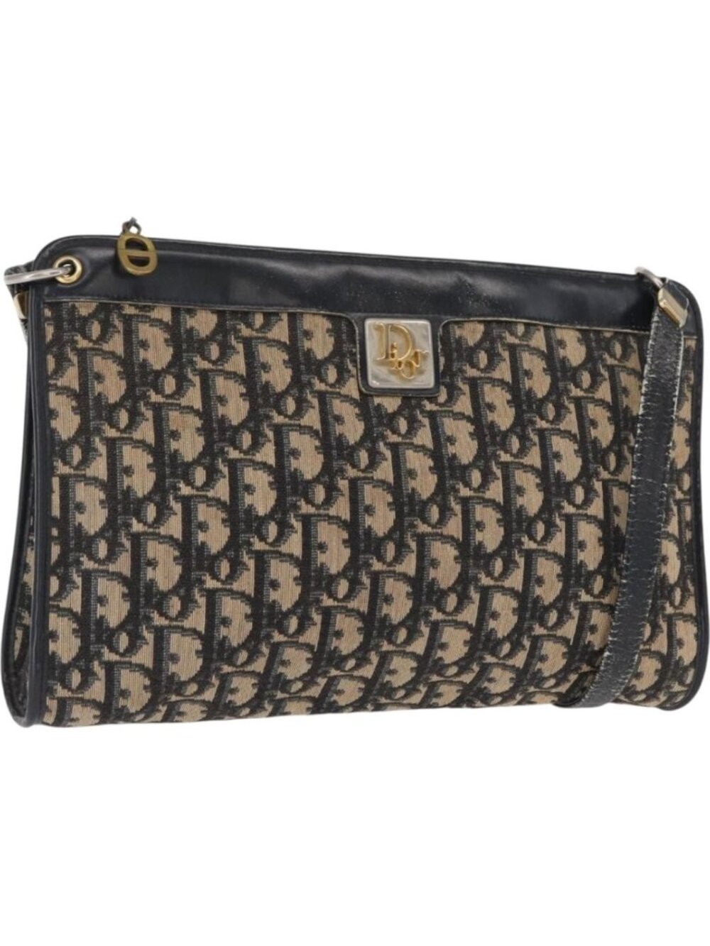 Christian Dior Trotter Canvas Shoulder Bag Navy Gold